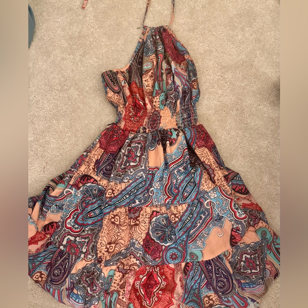 NWOT Empire Waist Halter Dress. Tie Straps, Elastic Waist. Sz Med